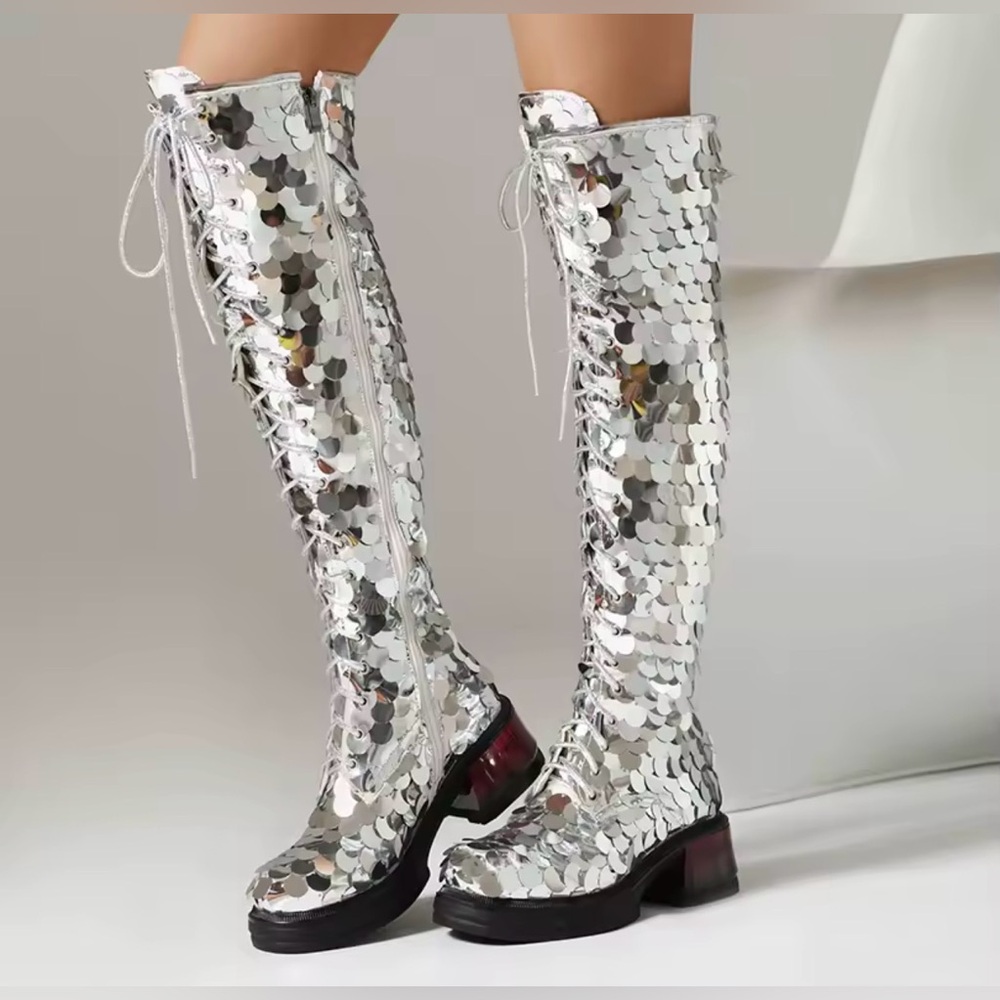 Nu Shuz Key West Shiny Metallic Silver Sequin Over-the-Knee Boots